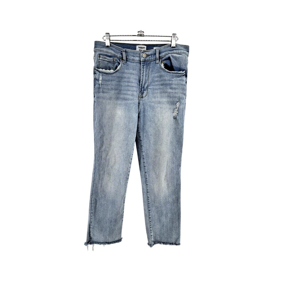 Kenzie Vintage Luxe Size 10 Frayed Hem Slim Jeans Medium Wash Blue Denim